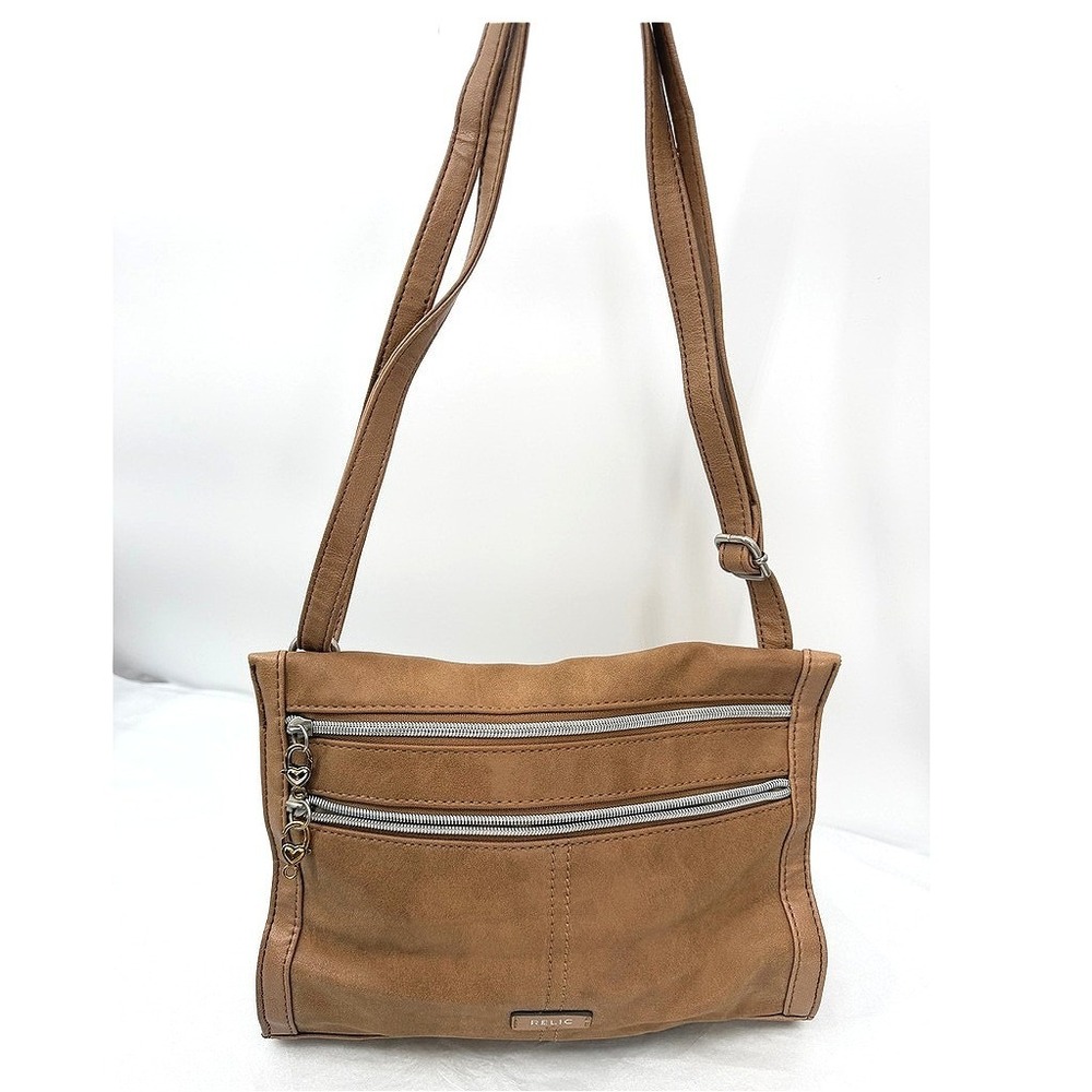 Relic Crossbody Bag Faux Leather Triple Zip Pockets Thin Purse Neutral Minimal